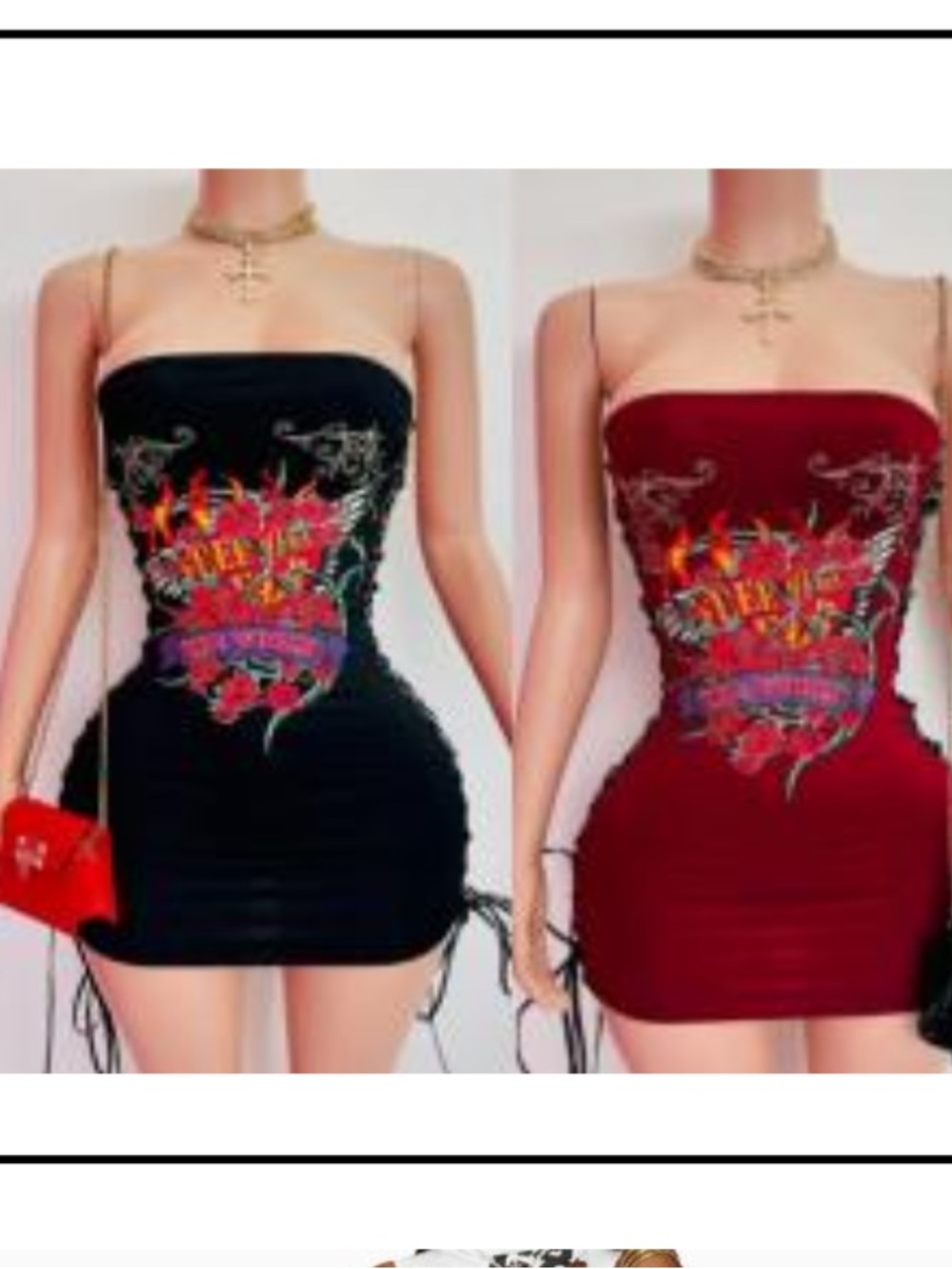 Strapless Graphic Bodycon Dress - Black or Burgundy